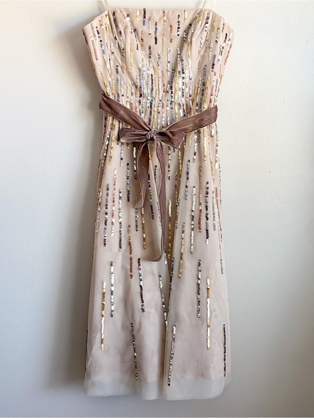 BCBGMAXAZRIA Sequin Tulle Midi Dress Taupe Brown Velvet Formal Events Wedding S - Picture 4 of 10